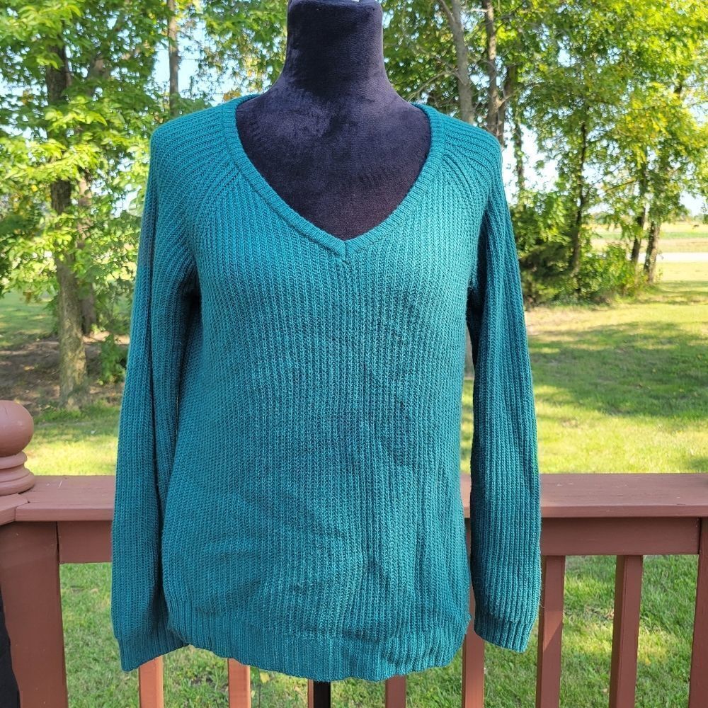SO Brand Ladies Pullover Vneck knit Oversized Sweater sz  Large Dark Green